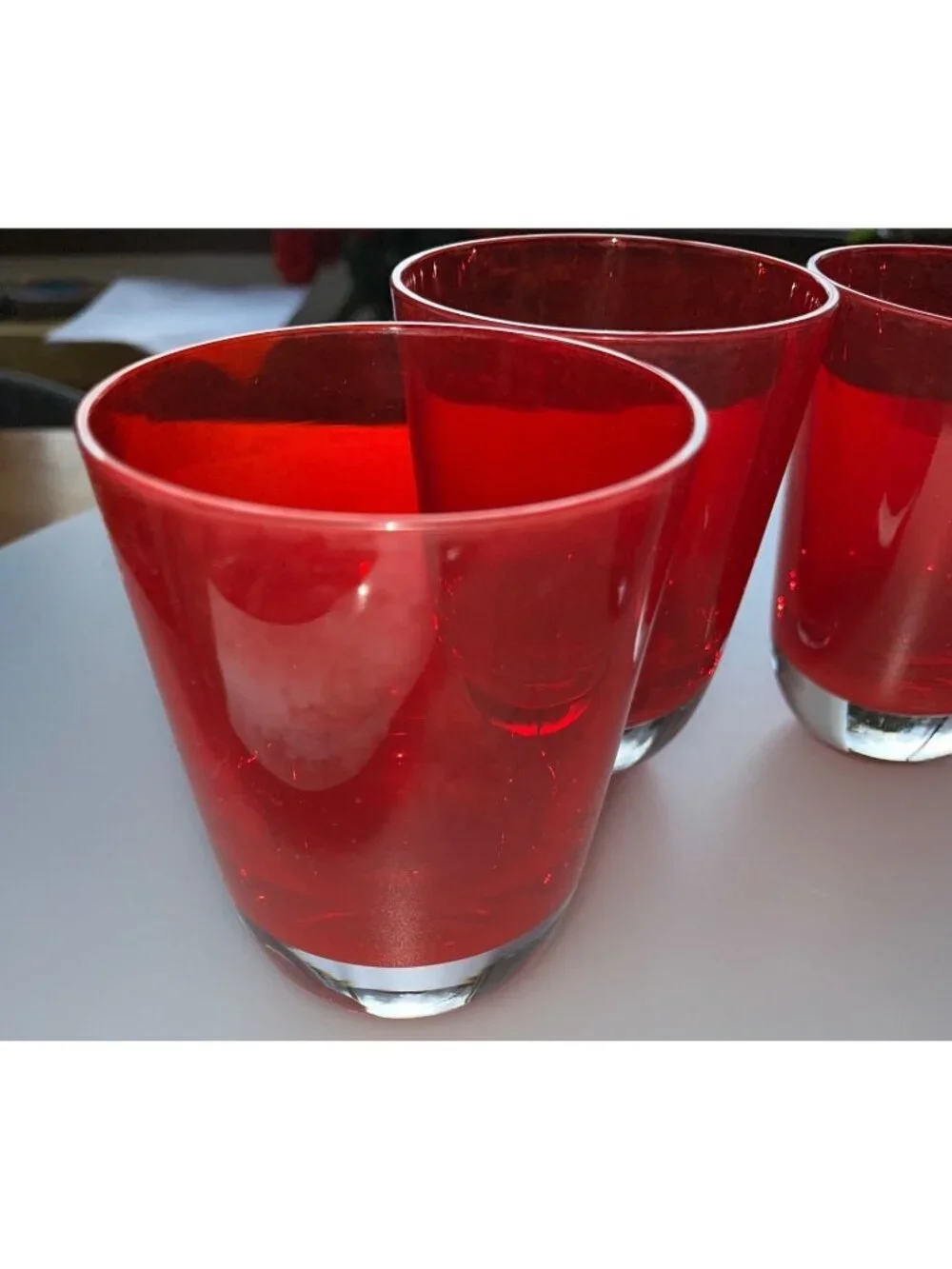 Set Of 4 Vintage Hand-Blown Red Glass Tumblers With Clear Bases - 4 Inches Tall